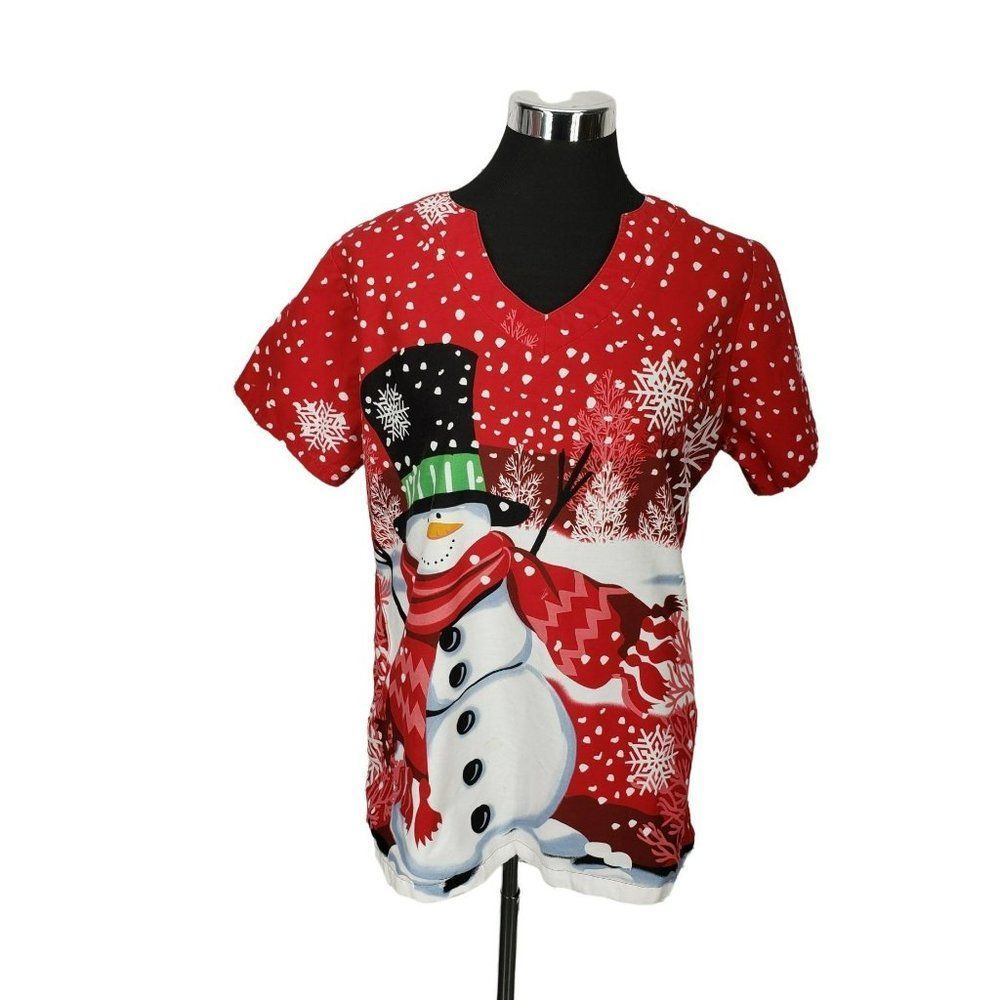 UA Scrubs Snow Season Winter Snowman Red Print‎ Scrub Top Medium